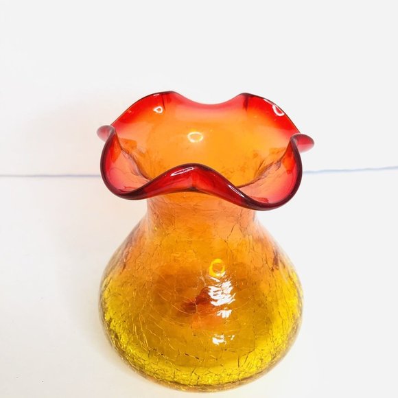 Vintage Hand Blown Rainbow Glass Co.4.5" Crackle Amberina Bud Vase Ruffled Edge - Picture 6 of 8